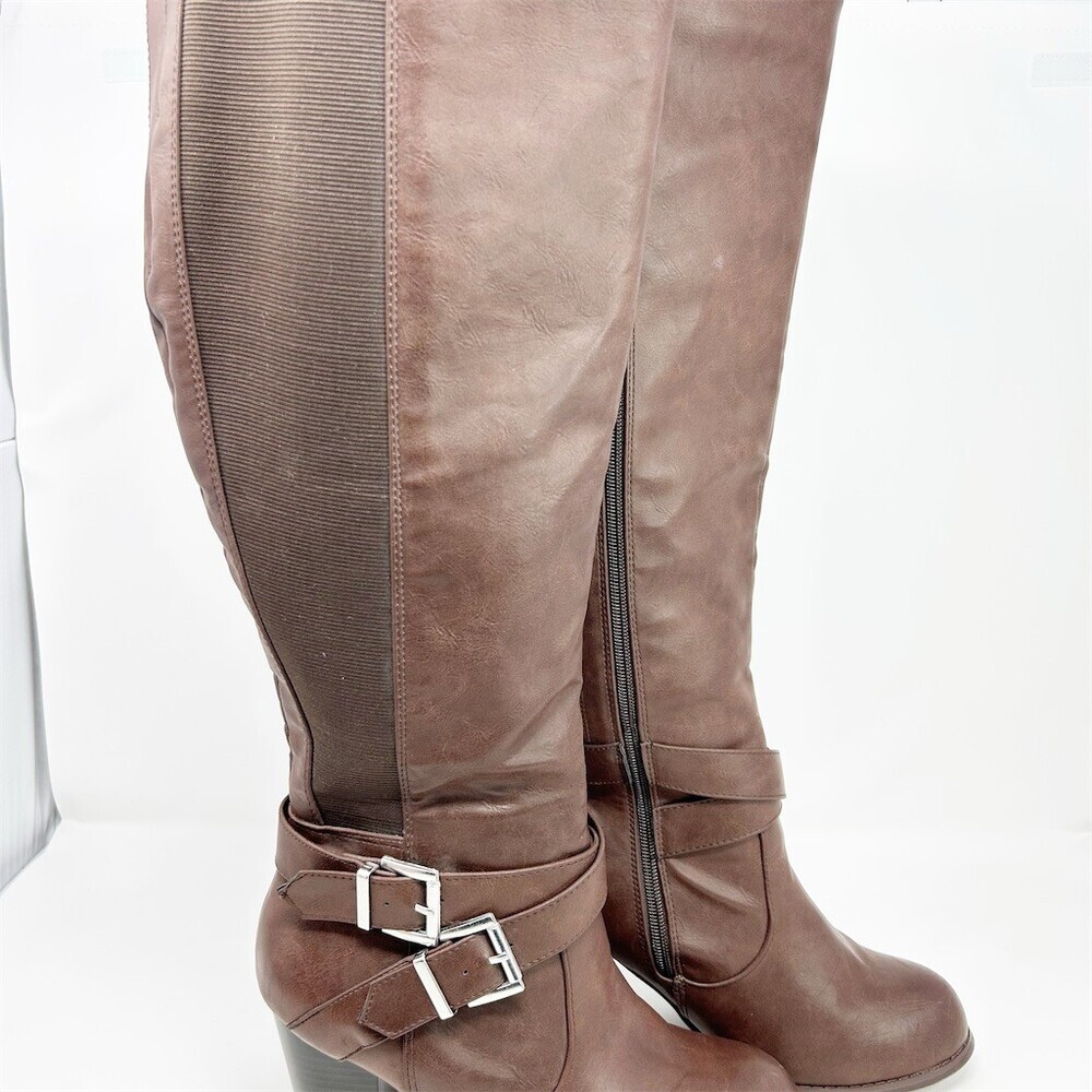 Torrid Womens Brown Knee High Riding Boots Extra Wide Calf Buckle Zip Size 9W